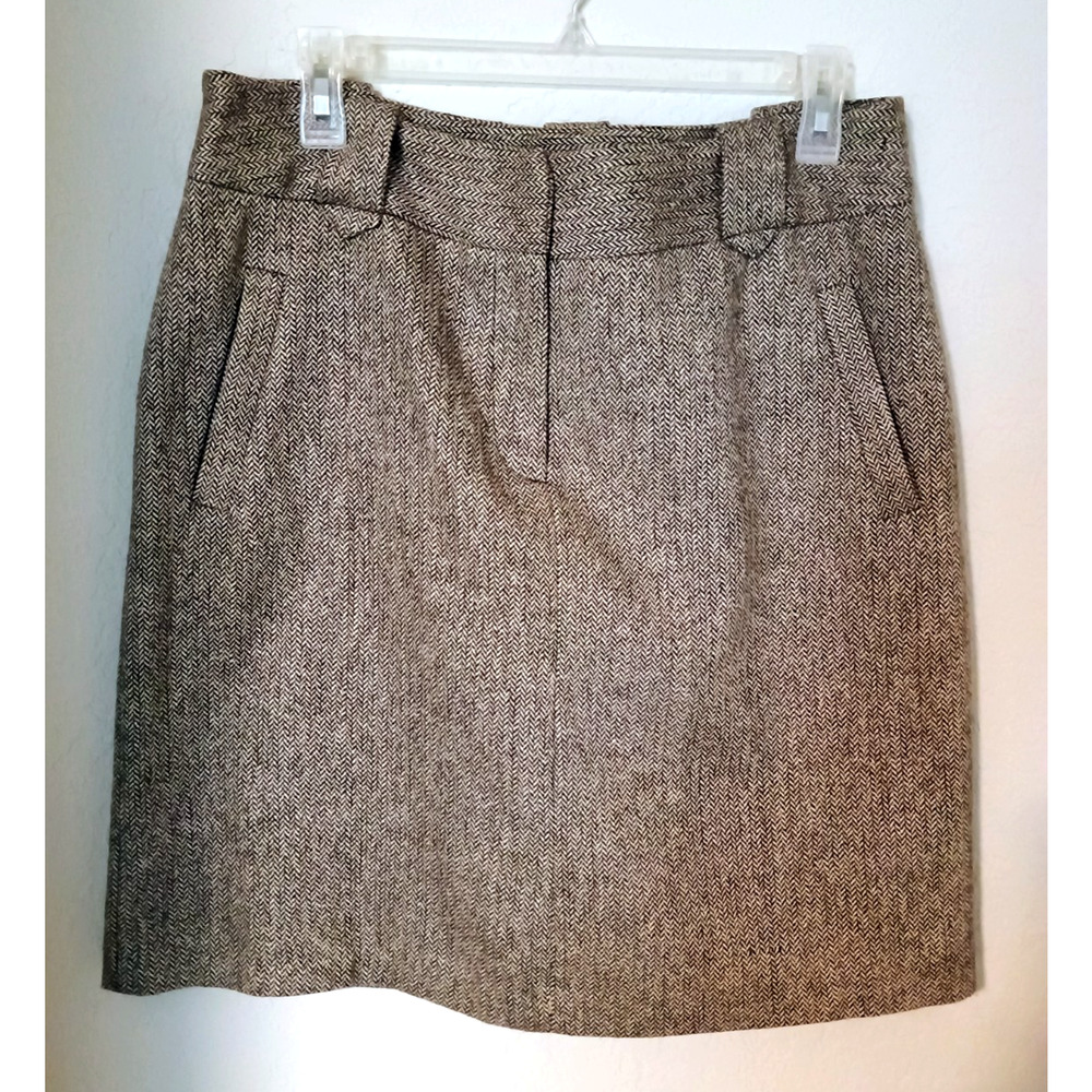 British Khaki Brown Herringbone Wool Blend Knee Length A-Line Skirt Sz 10
